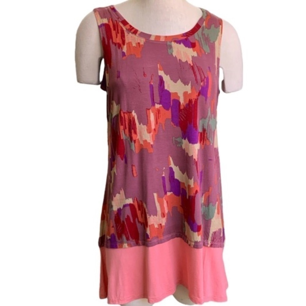 LOGO Layers by Lori Goldstein Printed Tank‎ w/ Solid Flounce at Hemline L #256D